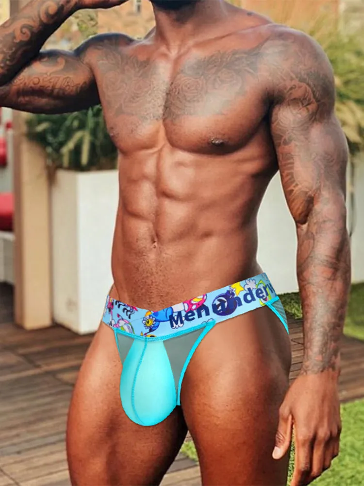 2 Pack Men's High-Cut Cartoon Waistband Breathable Semi-Transparent Bikini