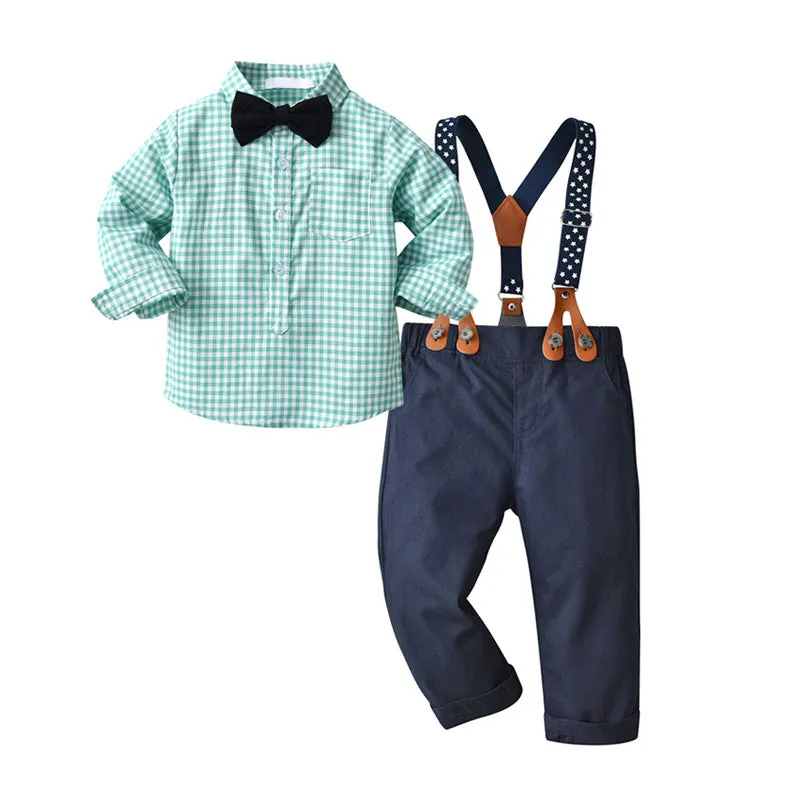 2 Pieces Set Baby Boys Checked Shirts And Solid Color Jumpsuits Wholesale 221206245