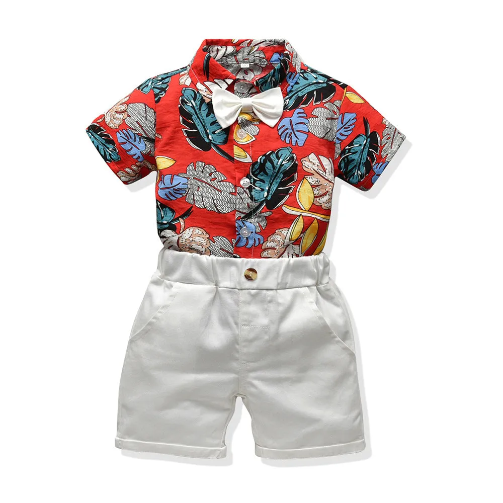2 Pieces Set Baby Kid Boys Beach Tropical print Bow Shirts And Solid Color Shorts Suits Wholesale 22040743