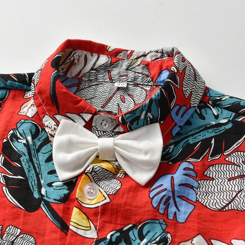 2 Pieces Set Baby Kid Boys Beach Tropical print Bow Shirts And Solid Color Shorts Suits Wholesale 22040743