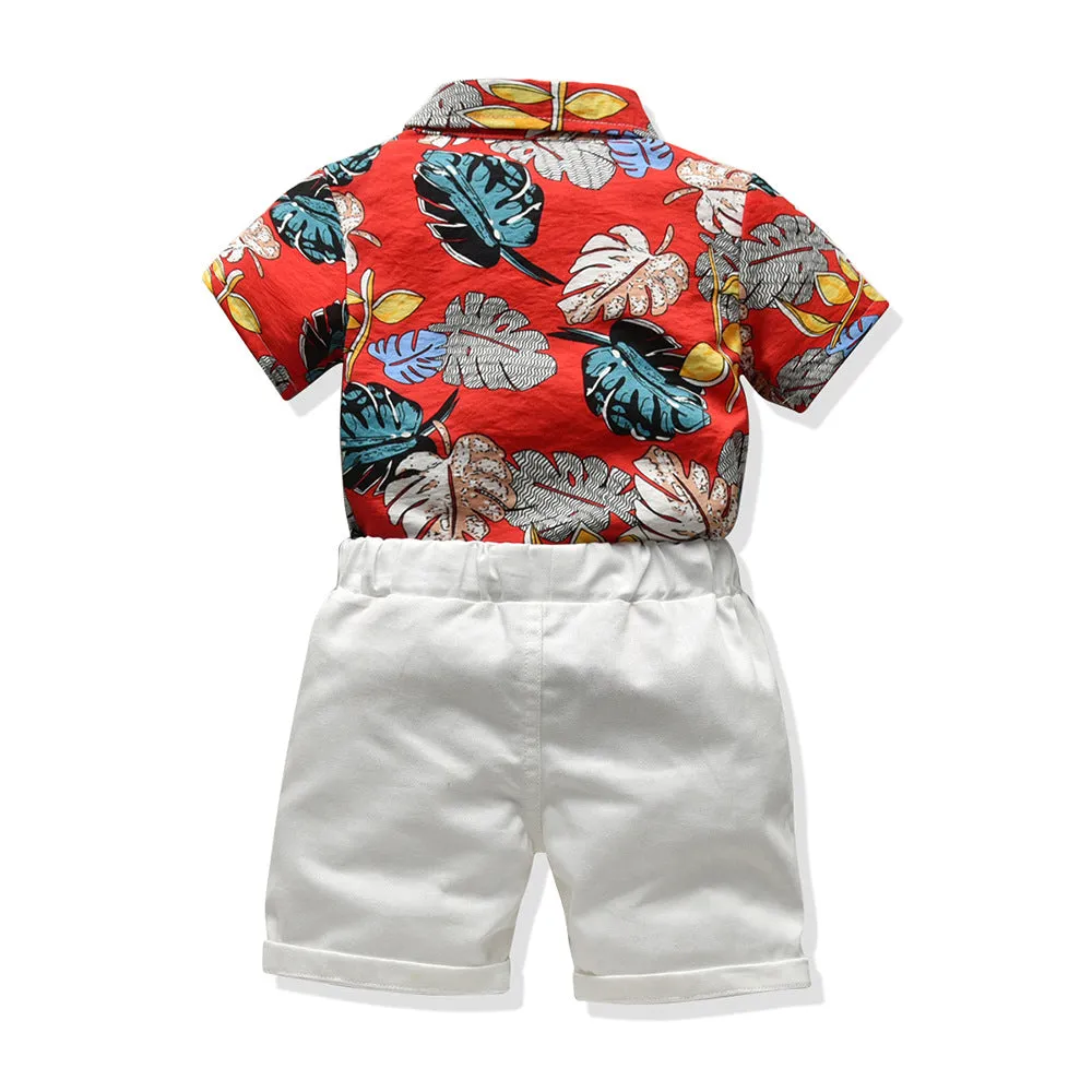 2 Pieces Set Baby Kid Boys Beach Tropical print Bow Shirts And Solid Color Shorts Suits Wholesale 22040743
