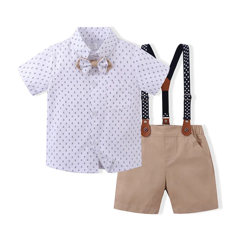 2 Pieces Set Baby Kid Boys Birthday Party Bow Print Shirts And Solid Color Rompers Wholesale 22092053