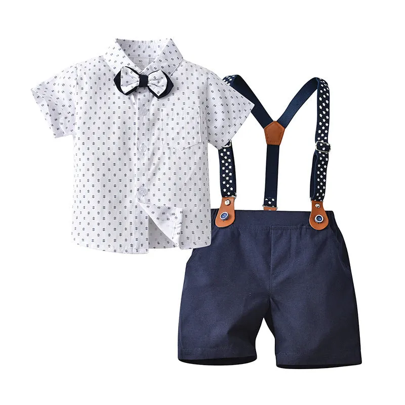 2 Pieces Set Baby Kid Boys Birthday Party Bow Print Shirts And Solid Color Rompers Wholesale 22092053
