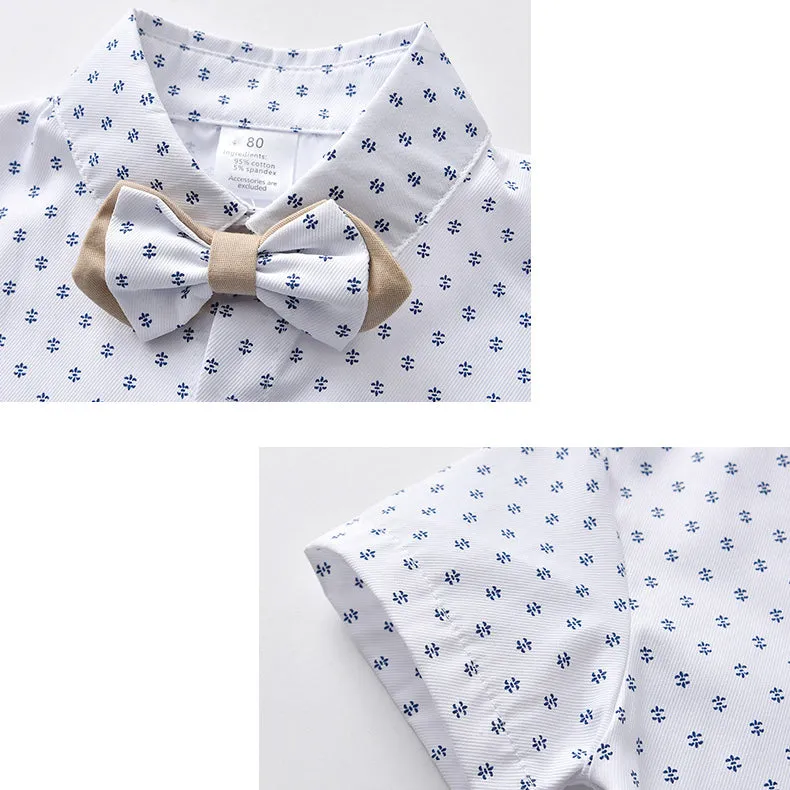 2 Pieces Set Baby Kid Boys Birthday Party Bow Print Shirts And Solid Color Rompers Wholesale 22092053