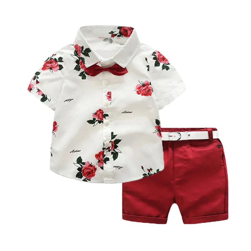 2 Pieces Set Baby Kid Boys Birthday Party Flower Bow Print Shirts And Solid Color Rompers Wholesale 22040756