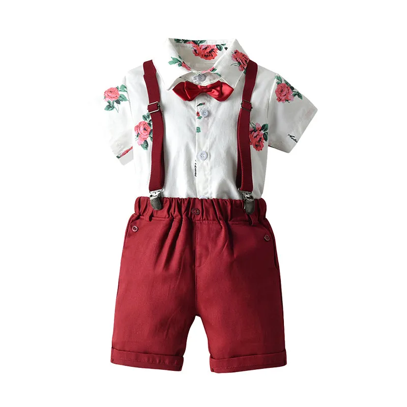 2 Pieces Set Baby Kid Boys Birthday Party Flower Bow Print Shirts And Solid Color Rompers Wholesale 22040756