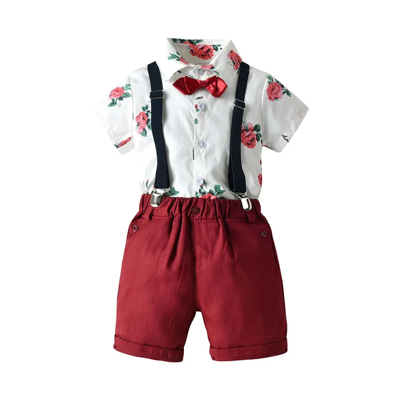 2 Pieces Set Baby Kid Boys Birthday Party Flower Bow Print Shirts And Solid Color Rompers Wholesale 22040756