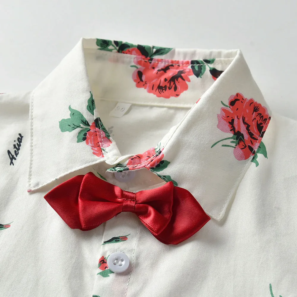 2 Pieces Set Baby Kid Boys Birthday Party Flower Bow Print Shirts And Solid Color Rompers Wholesale 22040756