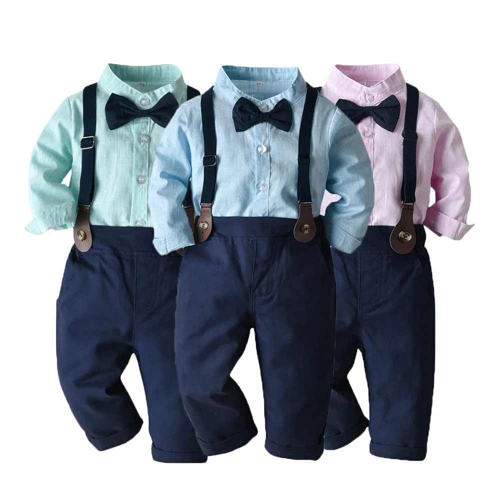 2 Pieces Set Baby Kid Boys Birthday Party Solid Color Bow Shirts And Jumpsuits Wholesale 23041129