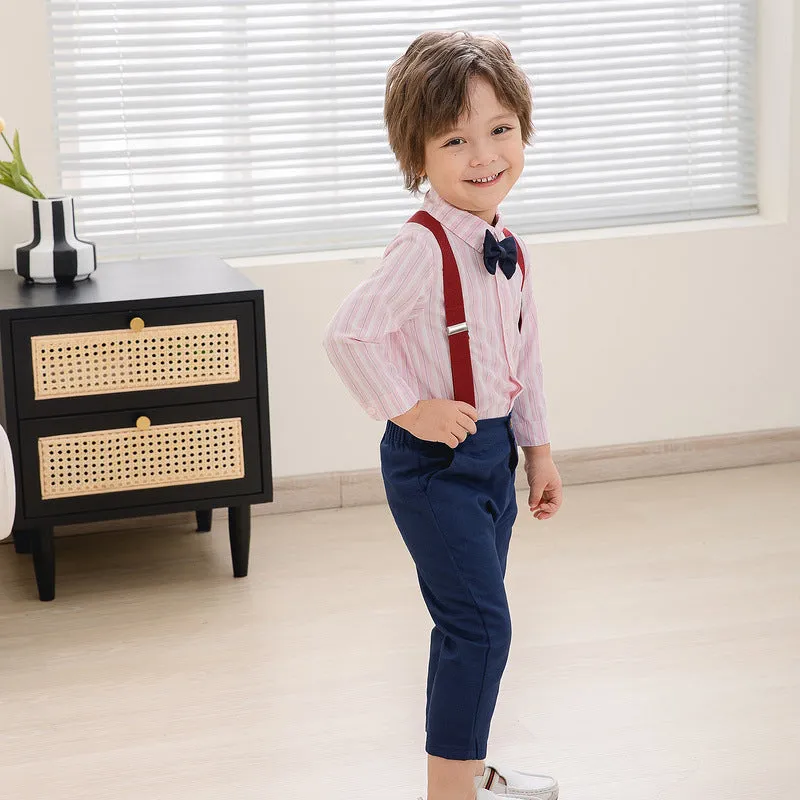 2 Pieces Set Baby Kid Boys Birthday Party Striped Bow Shirts And Solid Color Jumpsuits Wholesale 221216446