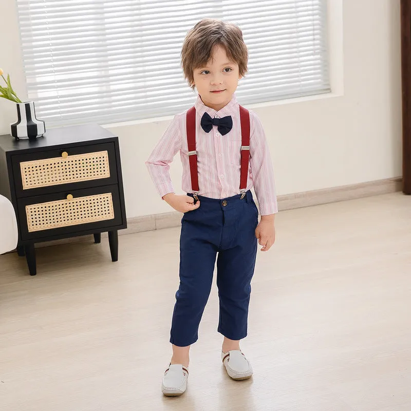 2 Pieces Set Baby Kid Boys Birthday Party Striped Bow Shirts And Solid Color Jumpsuits Wholesale 221216446