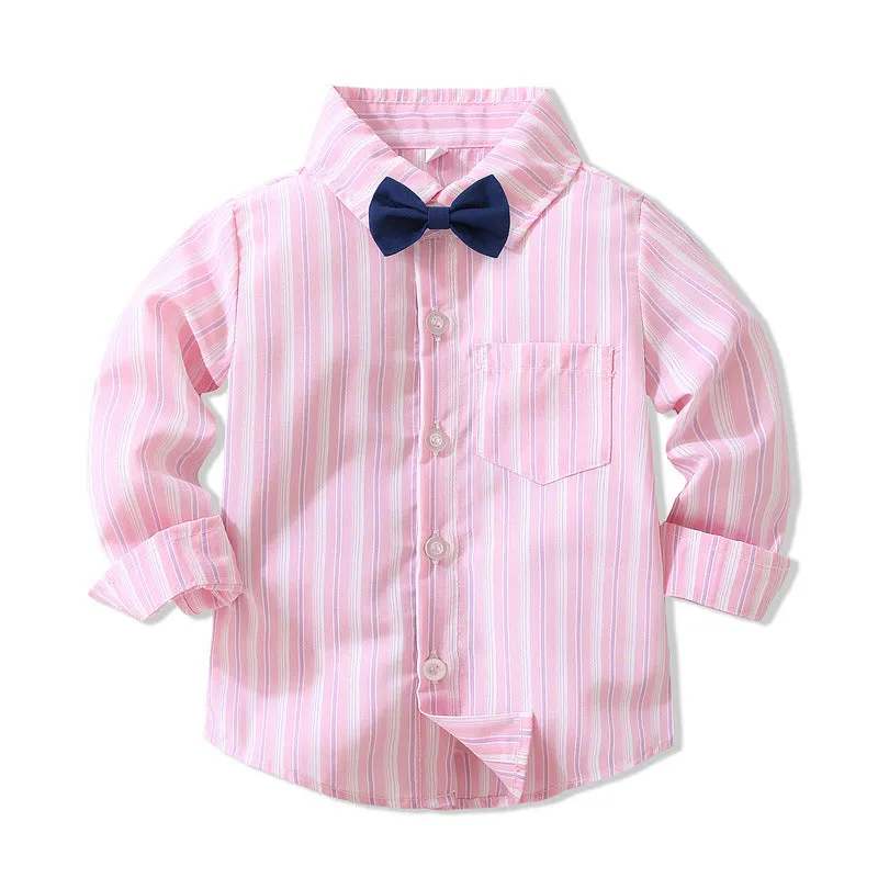 2 Pieces Set Baby Kid Boys Birthday Party Striped Bow Shirts And Solid Color Jumpsuits Wholesale 221216446
