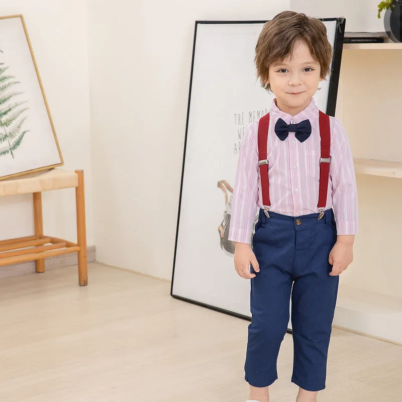 2 Pieces Set Baby Kid Boys Birthday Party Striped Bow Shirts And Solid Color Jumpsuits Wholesale 221216446