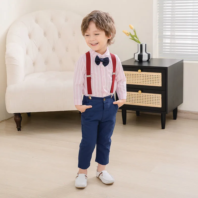 2 Pieces Set Baby Kid Boys Birthday Party Striped Bow Shirts And Solid Color Jumpsuits Wholesale 221216446
