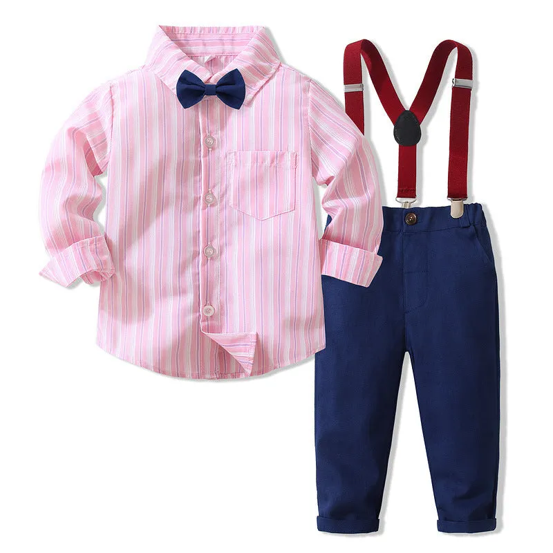 2 Pieces Set Baby Kid Boys Birthday Party Striped Bow Shirts And Solid Color Jumpsuits Wholesale 221216446