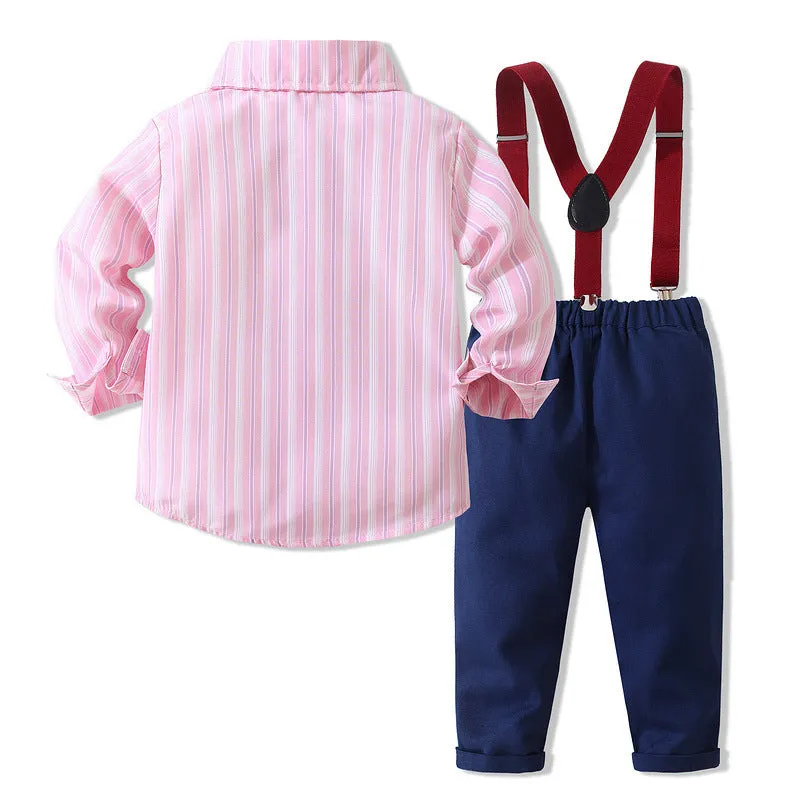 2 Pieces Set Baby Kid Boys Birthday Party Striped Bow Shirts And Solid Color Jumpsuits Wholesale 221216446