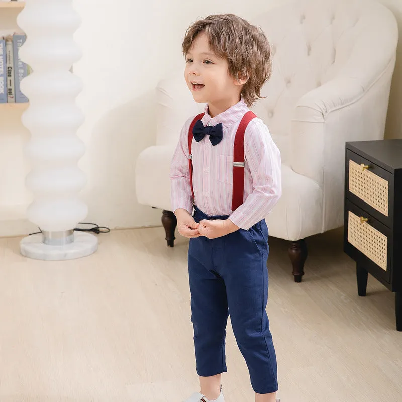 2 Pieces Set Baby Kid Boys Birthday Party Striped Bow Shirts And Solid Color Jumpsuits Wholesale 221216446