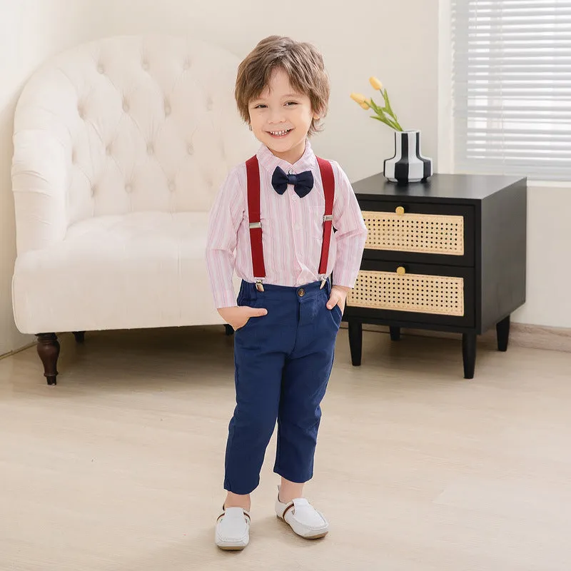 2 Pieces Set Baby Kid Boys Birthday Party Striped Bow Shirts And Solid Color Jumpsuits Wholesale 221216446