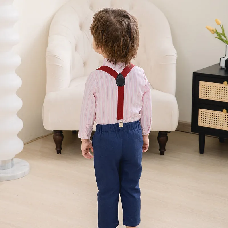 2 Pieces Set Baby Kid Boys Birthday Party Striped Bow Shirts And Solid Color Jumpsuits Wholesale 221216446