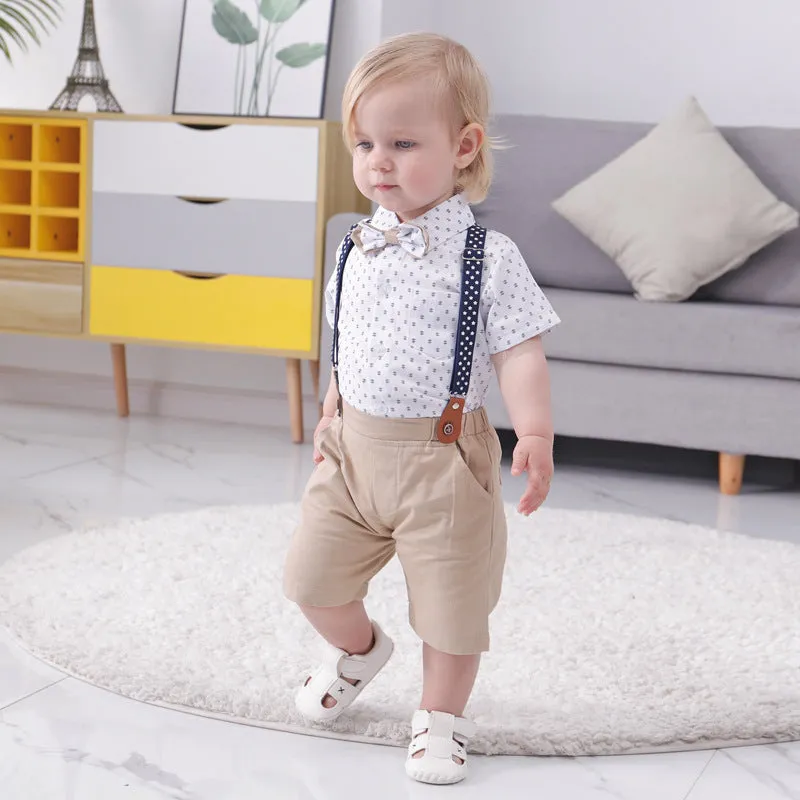2 Pieces Set Baby Kid Boys Cartoon Bow Print Shirts And Solid Color Shorts Suits Wholesale 230114231