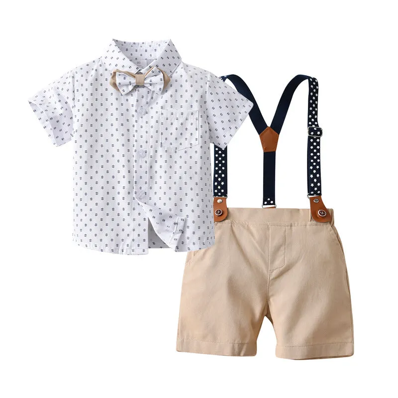 2 Pieces Set Baby Kid Boys Cartoon Bow Print Shirts And Solid Color Shorts Suits Wholesale 230114231