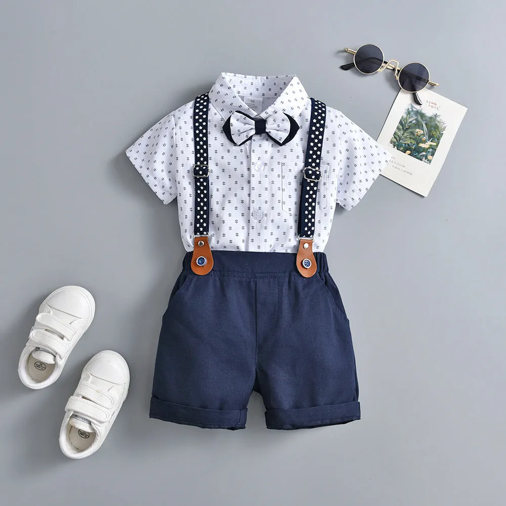 2 Pieces Set Baby Kid Boys Cartoon Bow Print Shirts And Solid Color Shorts Suits Wholesale 230114231
