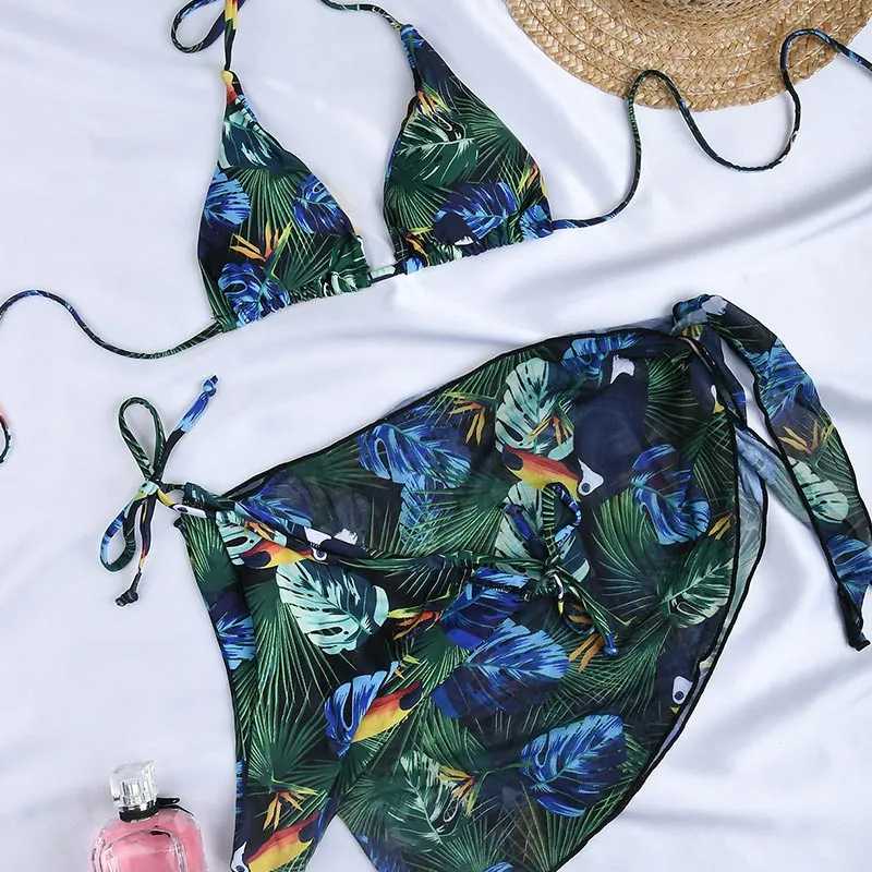 2022 Miyouj Welle Druck Badeanzug Sexy Badeanzüge 4 Teilige Bikinis Strand Sarong Micro Tanga Bademode Verband Bademode