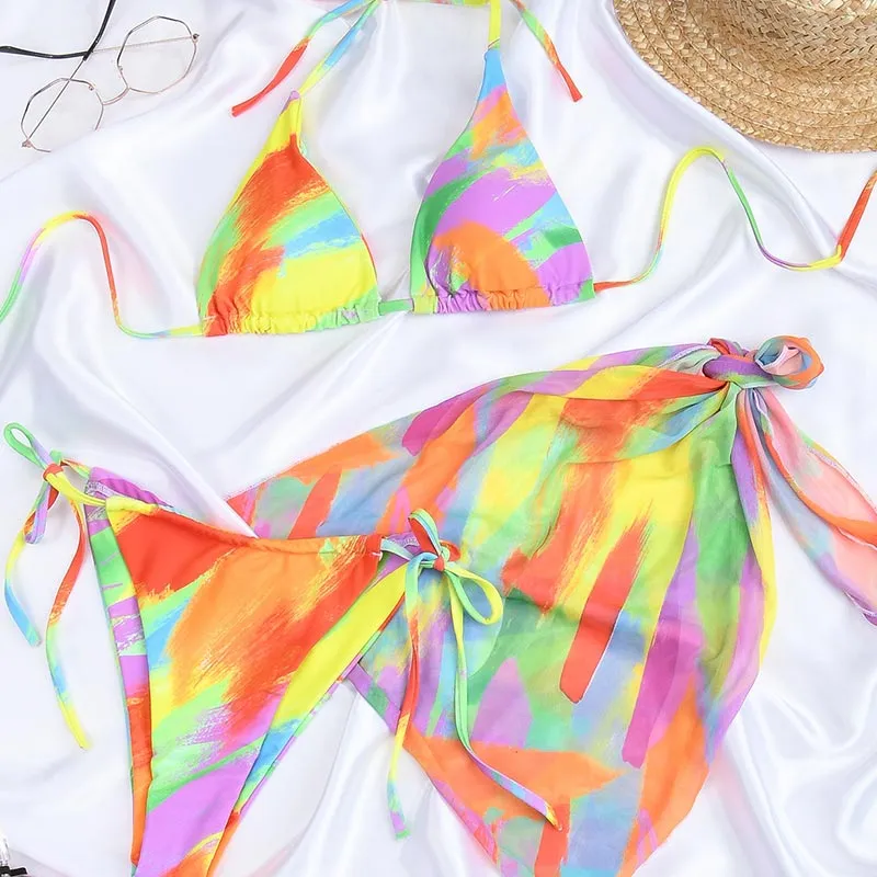 2022 Miyouj Welle Druck Badeanzug Sexy Badeanzüge 4 Teilige Bikinis Strand Sarong Micro Tanga Bademode Verband Bademode