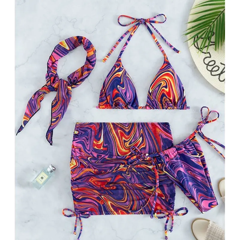 2022 Miyouj Welle Druck Badeanzug Sexy Badeanzüge 4 Teilige Bikinis Strand Sarong Micro Tanga Bademode Verband Bademode