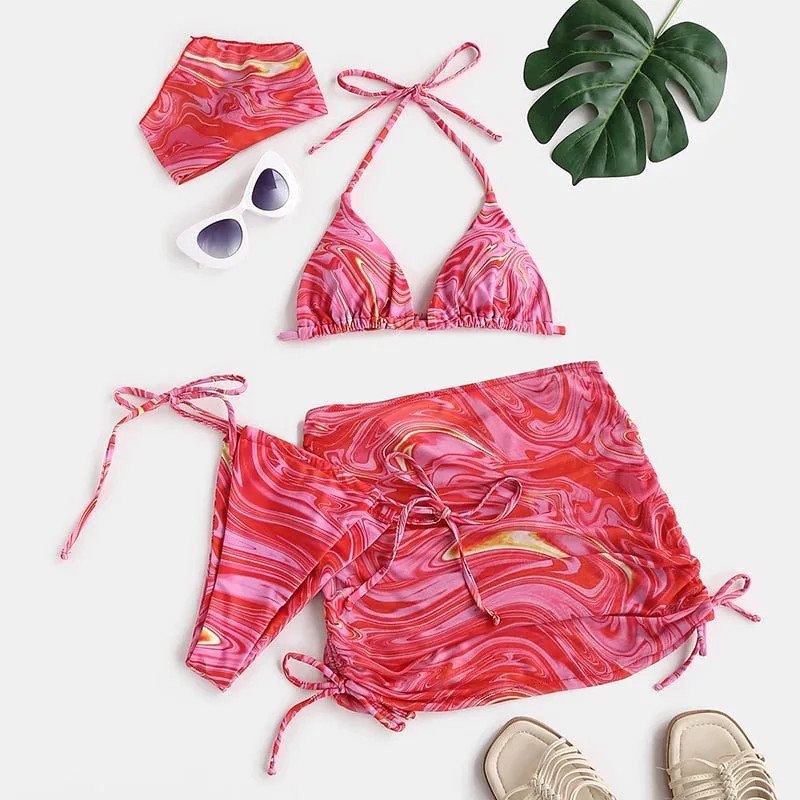 2022 Miyouj Welle Druck Badeanzug Sexy Badeanzüge 4 Teilige Bikinis Strand Sarong Micro Tanga Bademode Verband Bademode