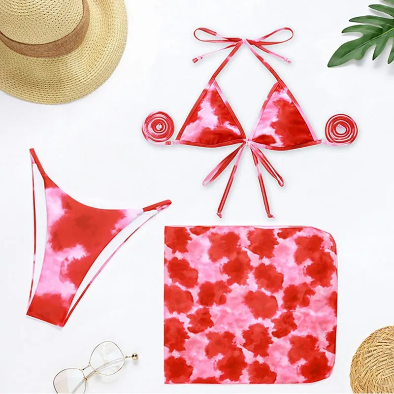 2022 Miyouj Welle Druck Badeanzug Sexy Badeanzüge 4 Teilige Bikinis Strand Sarong Micro Tanga Bademode Verband Bademode