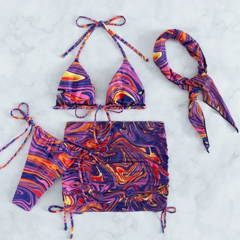 2022 Miyouj Welle Druck Badeanzug Sexy Badeanzüge 4 Teilige Bikinis Strand Sarong Micro Tanga Bademode Verband Bademode