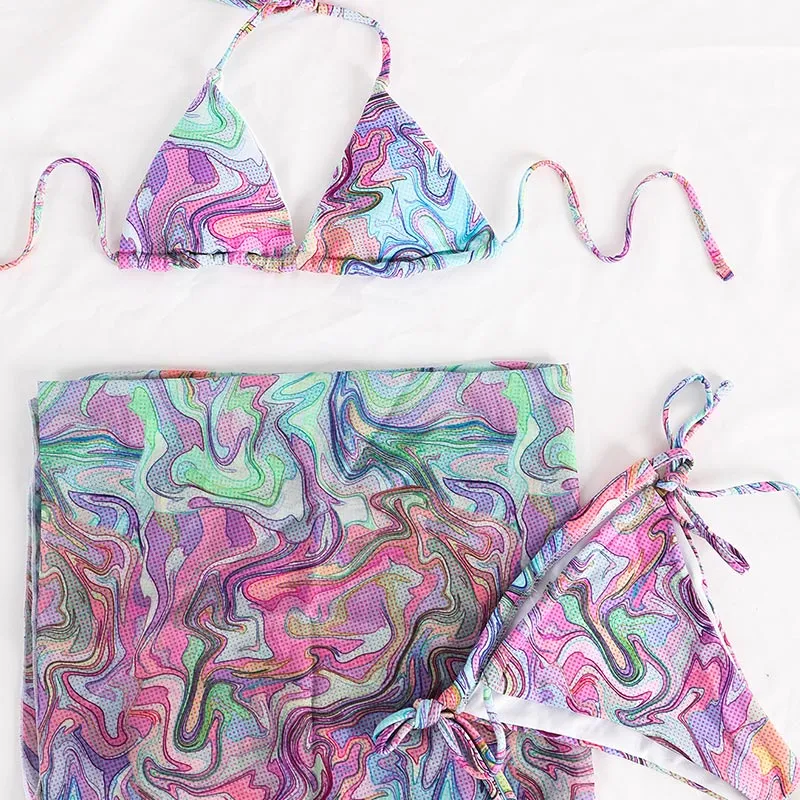2022 Miyouj Welle Druck Badeanzug Sexy Badeanzüge 4 Teilige Bikinis Strand Sarong Micro Tanga Bademode Verband Bademode