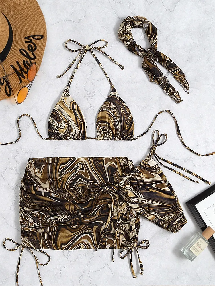 2022 Miyouj Welle Druck Badeanzug Sexy Badeanzüge 4 Teilige Bikinis Strand Sarong Micro Tanga Bademode Verband Bademode