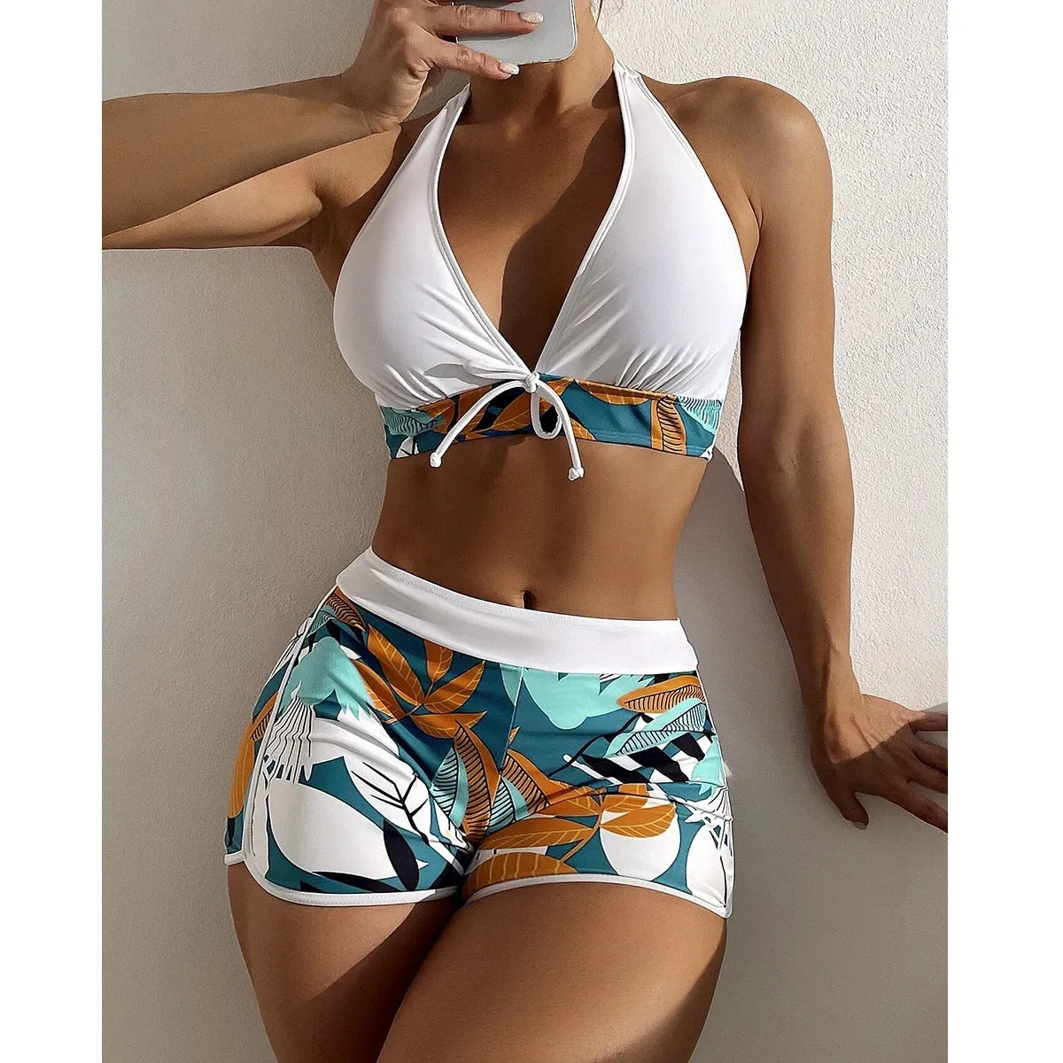 2023 VigoBreviya Print Tied Halter Swimwear Women Sexy High Waist Push UP Shorts Bikini Set Swimsuit Backless Beach Bathing Suit