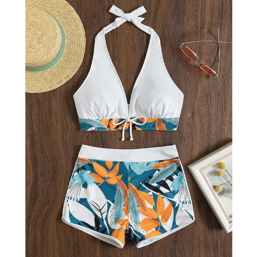 2023 VigoBreviya Print Tied Halter Swimwear Women Sexy High Waist Push UP Shorts Bikini Set Swimsuit Backless Beach Bathing Suit