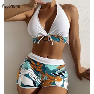 2023 VigoBreviya Print Tied Halter Swimwear Women Sexy High Waist Push UP Shorts Bikini Set Swimsuit Backless Beach Bathing Suit