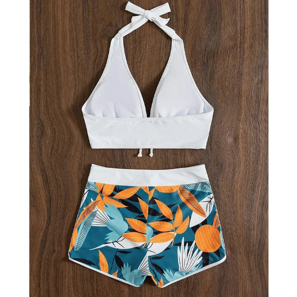 2023 VigoBreviya Print Tied Halter Swimwear Women Sexy High Waist Push UP Shorts Bikini Set Swimsuit Backless Beach Bathing Suit