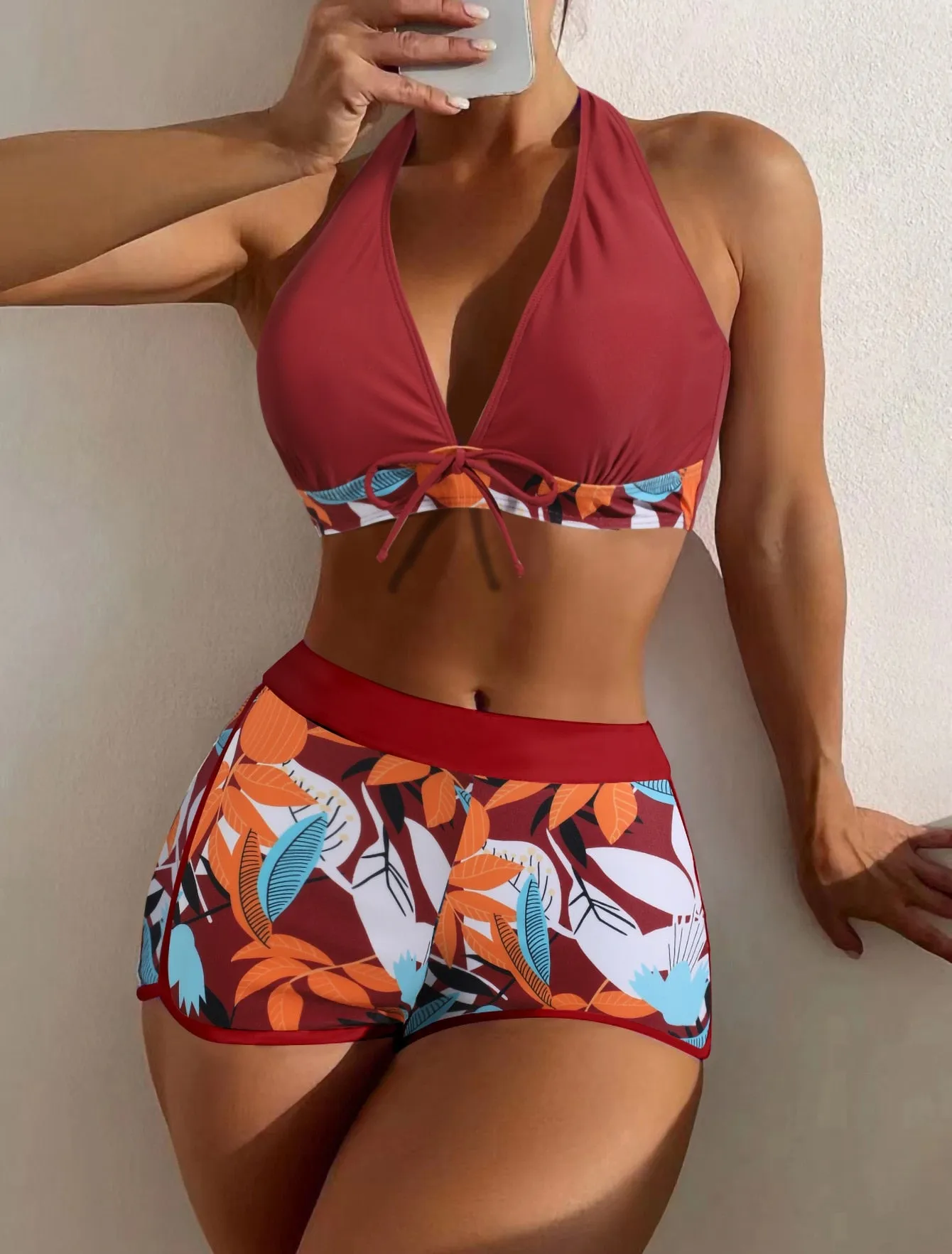 2023 VigoBreviya Print Tied Halter Swimwear Women Sexy High Waist Push UP Shorts Bikini Set Swimsuit Backless Beach Bathing Suit