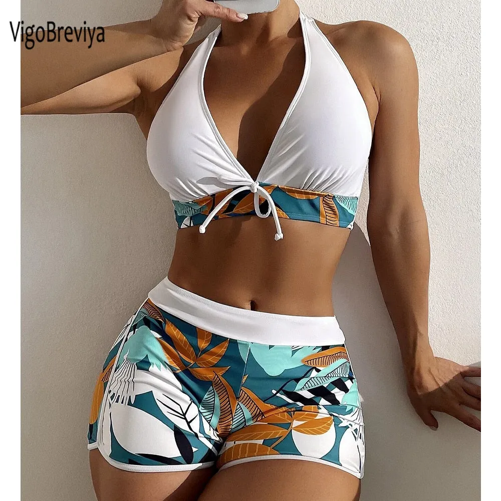 2023 VigoBreviya Print Tied Halter Swimwear Women Sexy High Waist Push UP Shorts Bikini Set Swimsuit Backless Beach Bathing Suit