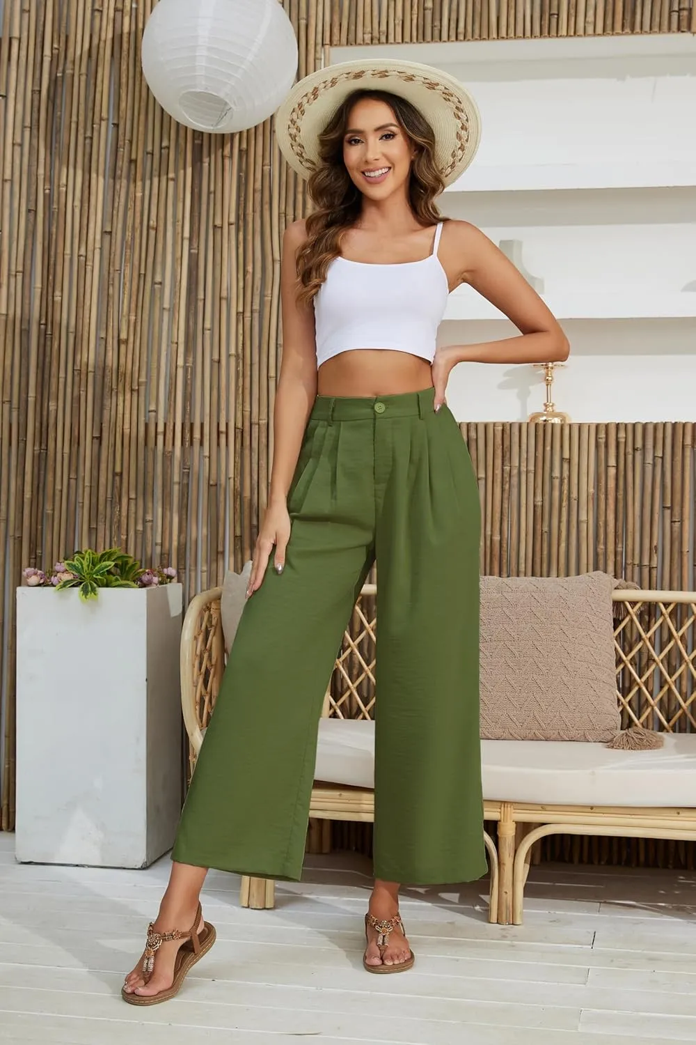 2025 Summer for Women Elastic Waist Wide Leg Cropped Pants Trousers Loose Fit with Pockets