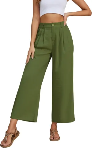 2025 Summer for Women Elastic Waist Wide Leg Cropped Pants Trousers Loose Fit with Pockets