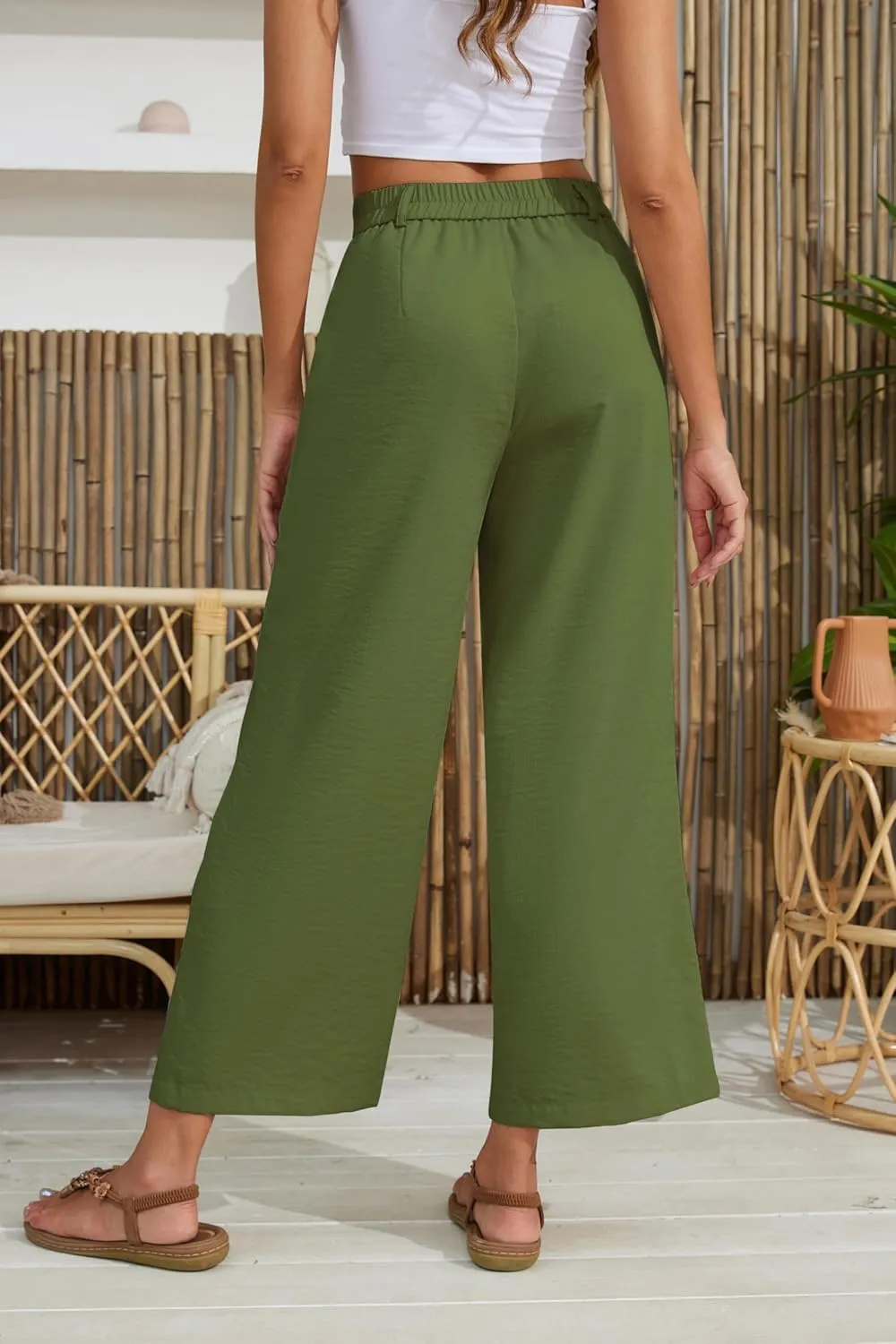 2025 Summer for Women Elastic Waist Wide Leg Cropped Pants Trousers Loose Fit with Pockets