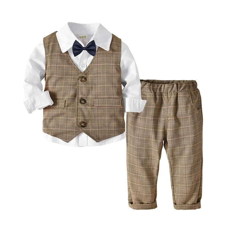 3 Pieces Set Baby Kid Boys Birthday Party Bow Shirts Checked Vests Waistcoats And Pants Wholesale 22041143