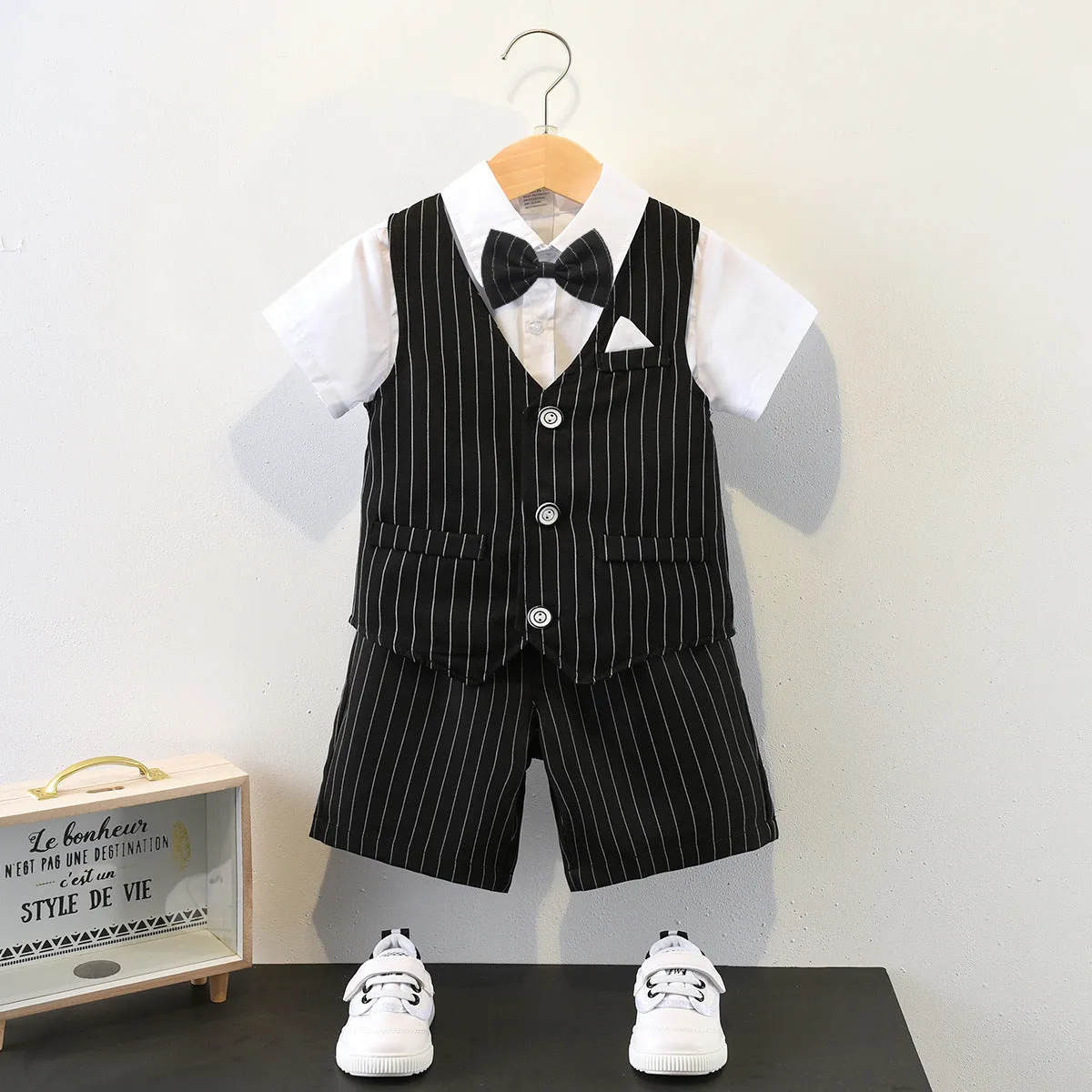 3 Pieces Set Baby Kid Boys Birthday Party Bow Shirts Striped Vests Waistcoats And Shorts Wholesale 220531104