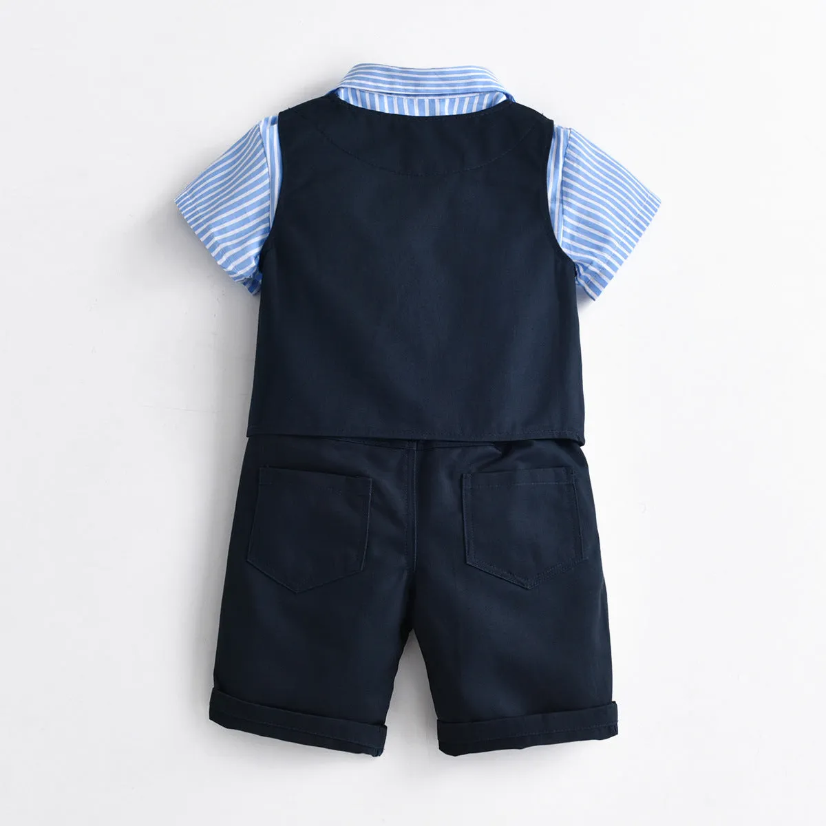 3 Pieces Set Baby Kid Boys Dressy Solid Color Vests Waistcoats And Striped Bow Shirts And Shorts Suits Wholesale 220531122