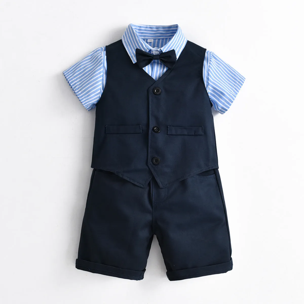 3 Pieces Set Baby Kid Boys Dressy Solid Color Vests Waistcoats And Striped Bow Shirts And Shorts Suits Wholesale 220531122