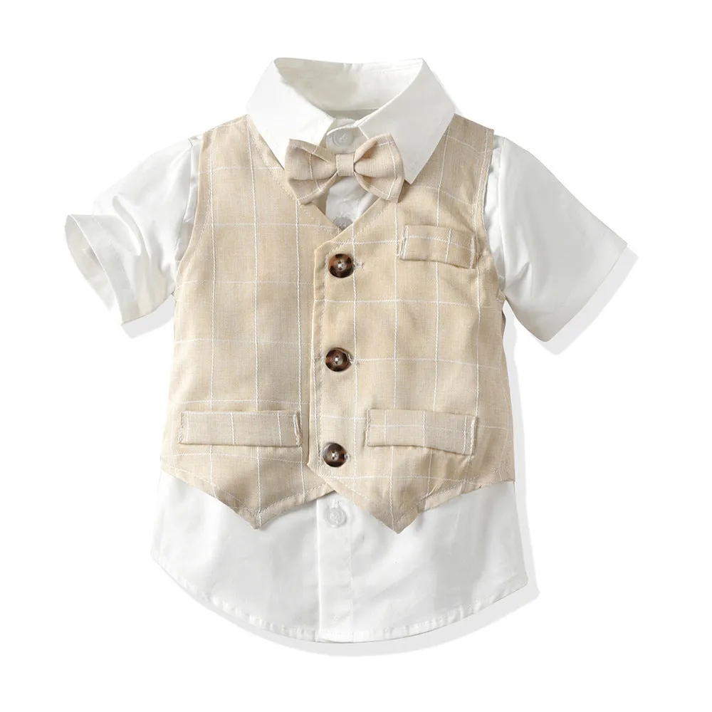3 Pieces Set Baby Kid Boys Solid Color Bow Shirts And Checked Vests Waistcoats And Shorts Suits Wholesale 22040746