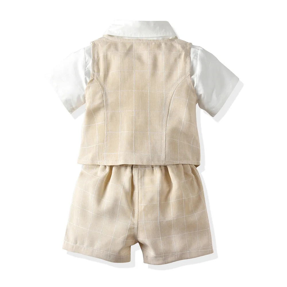 3 Pieces Set Baby Kid Boys Solid Color Bow Shirts And Checked Vests Waistcoats And Shorts Suits Wholesale 22040746