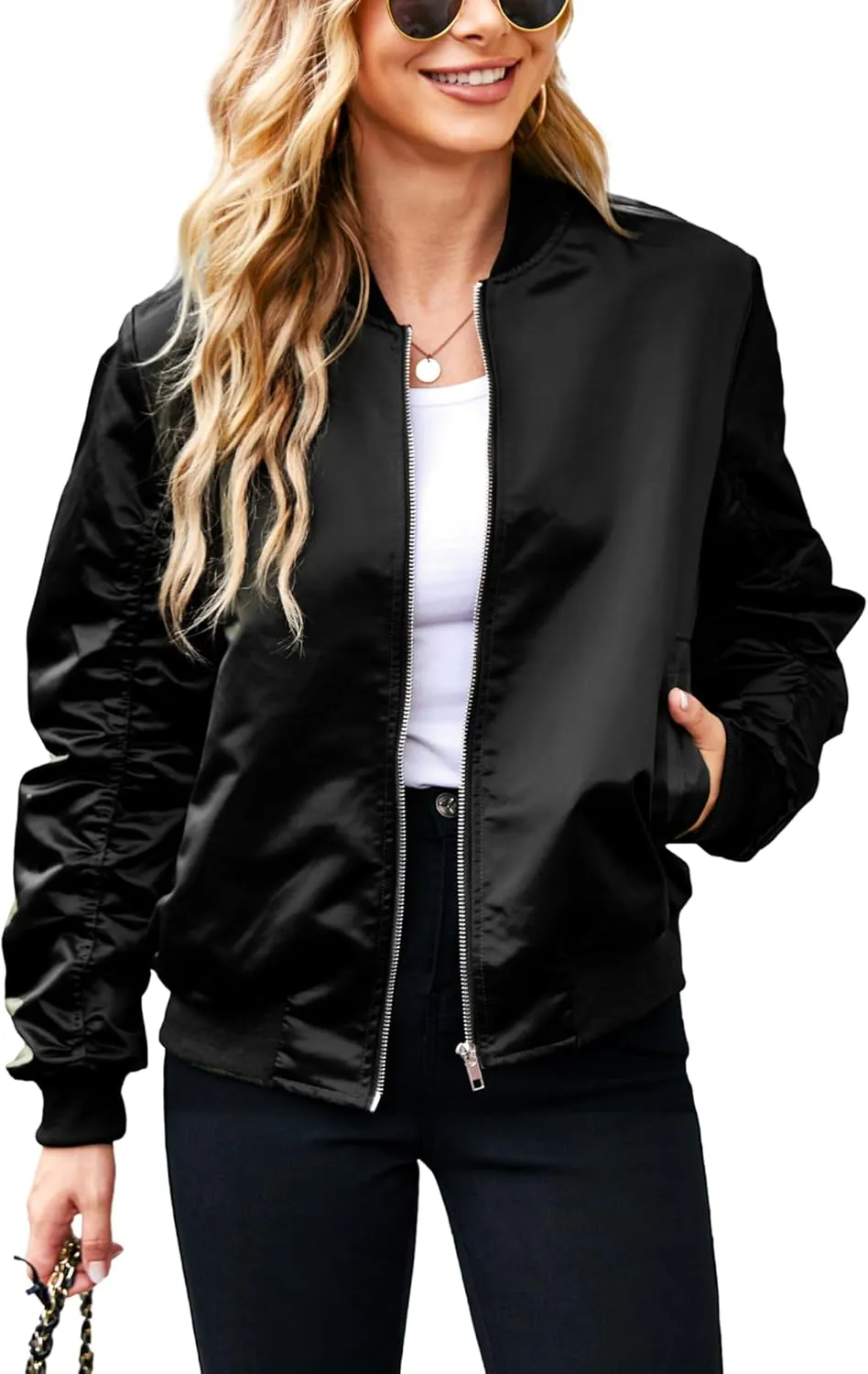 ACEVOG Bomber Jacket Women Zip Up Casual Jackets Coat Oversized with Pockets Fall Outfits